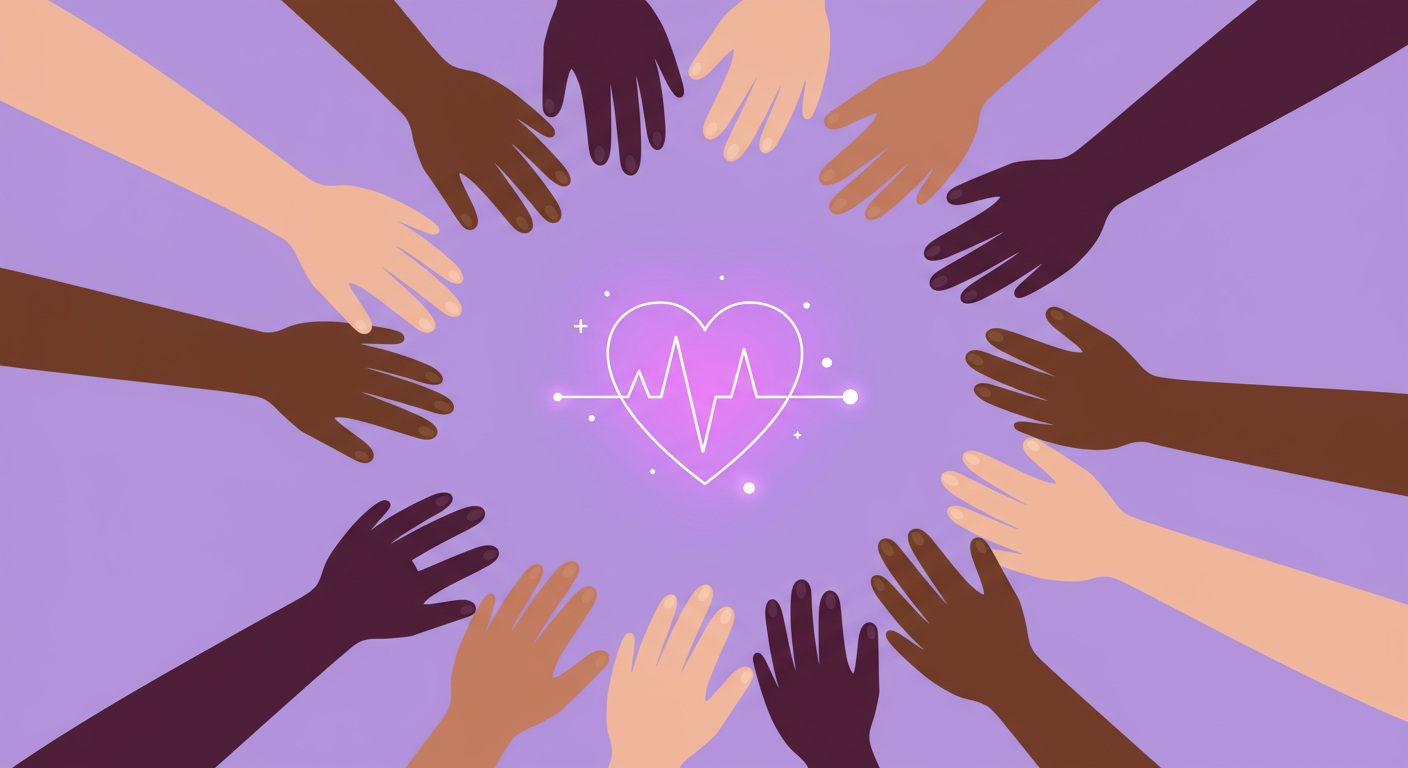 Diverse hands reaching toward a heart with glucose line